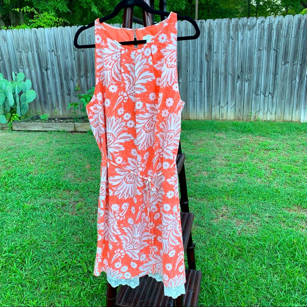 🍑Loft Melon/ white Floral Print Sleeveless Dress Sz 16